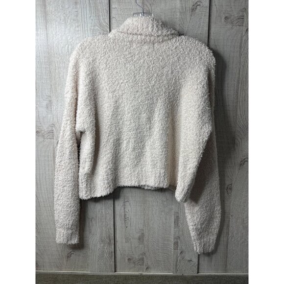Hollister Sherpa Pullover Fuzzy Crop Sweater Womens Size S Beige Zip Mock Collar - Picture 2 of 7